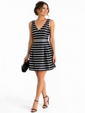 J.Crew Metallic Black Silver Stripe Fit & Flare Sleeveless Cocktail Dress 6